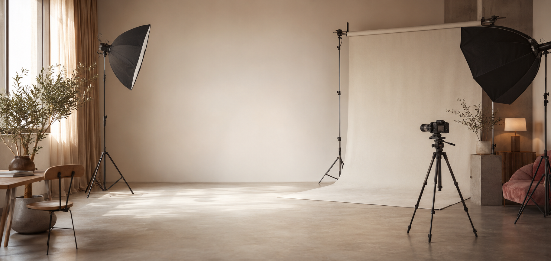 Creative content studio with professional lights and camera equipment